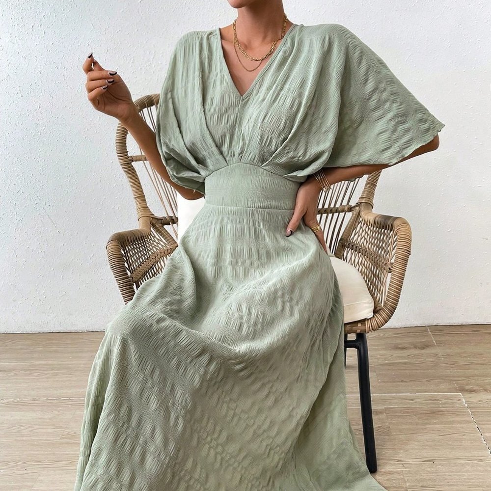 Mint Green Casual Women's Solid Batwing Sleeve A-line Dress - Picture 2 of 5